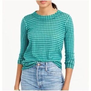 J.Crew merino wool top Gingham plaid Long Sleeve green blue women’s size xs